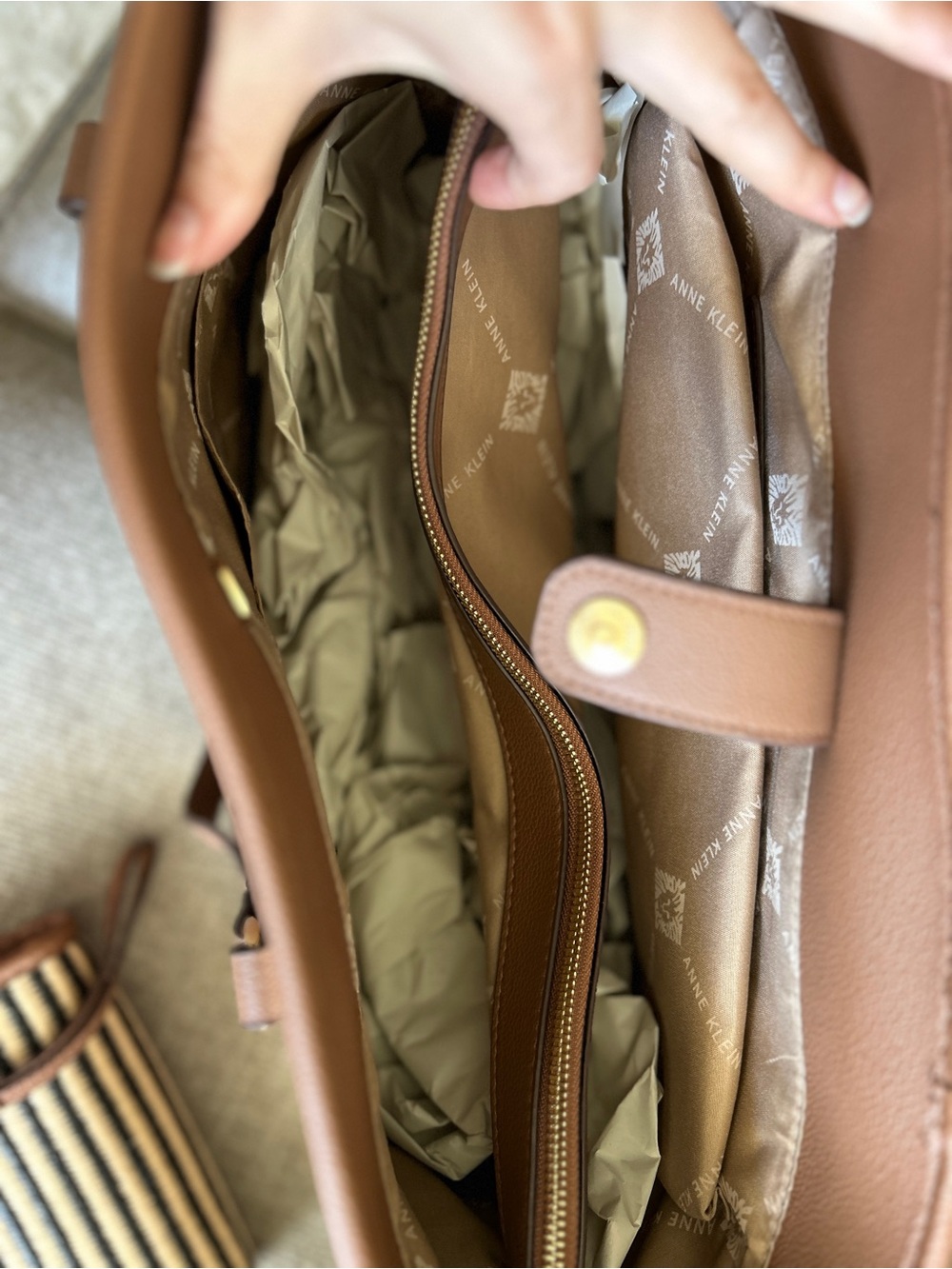 Anne Klein Brown Tote Bag with Striped Wristlet - Picture 7 of 7